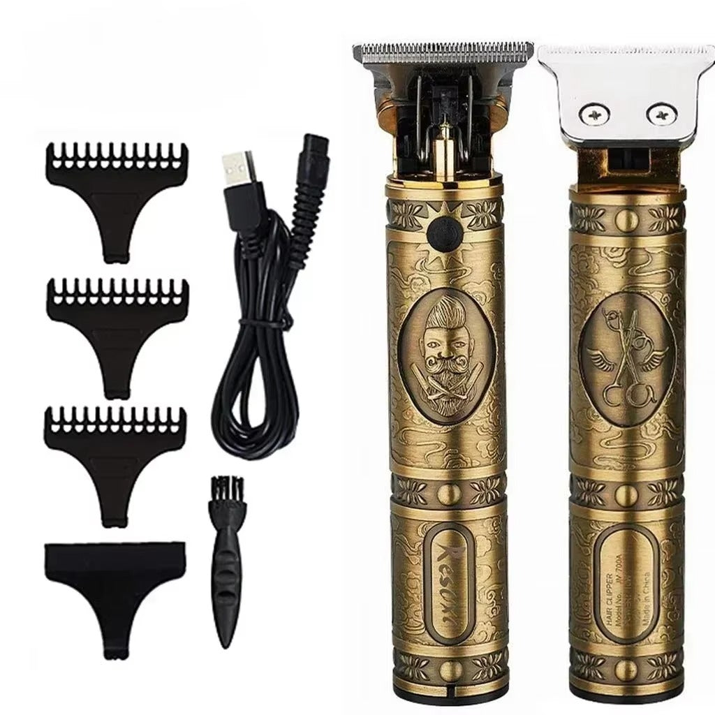 Aparat de Tuns Profesional cu Lama T Precision, Baterie Reincarcabila USB, Motor Puternic, 4 Capete Incluse, Design Vintage Metalic, Ideal Barba si Contur