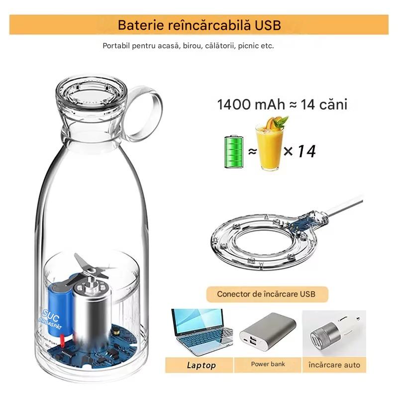 Blender Portabil Multifunctional Fresh Juice cu USB – Sticla Blender pentru Smoothie, Sucuri si Shake-uri, Lama Inox, Reincarcabil, 420 ml