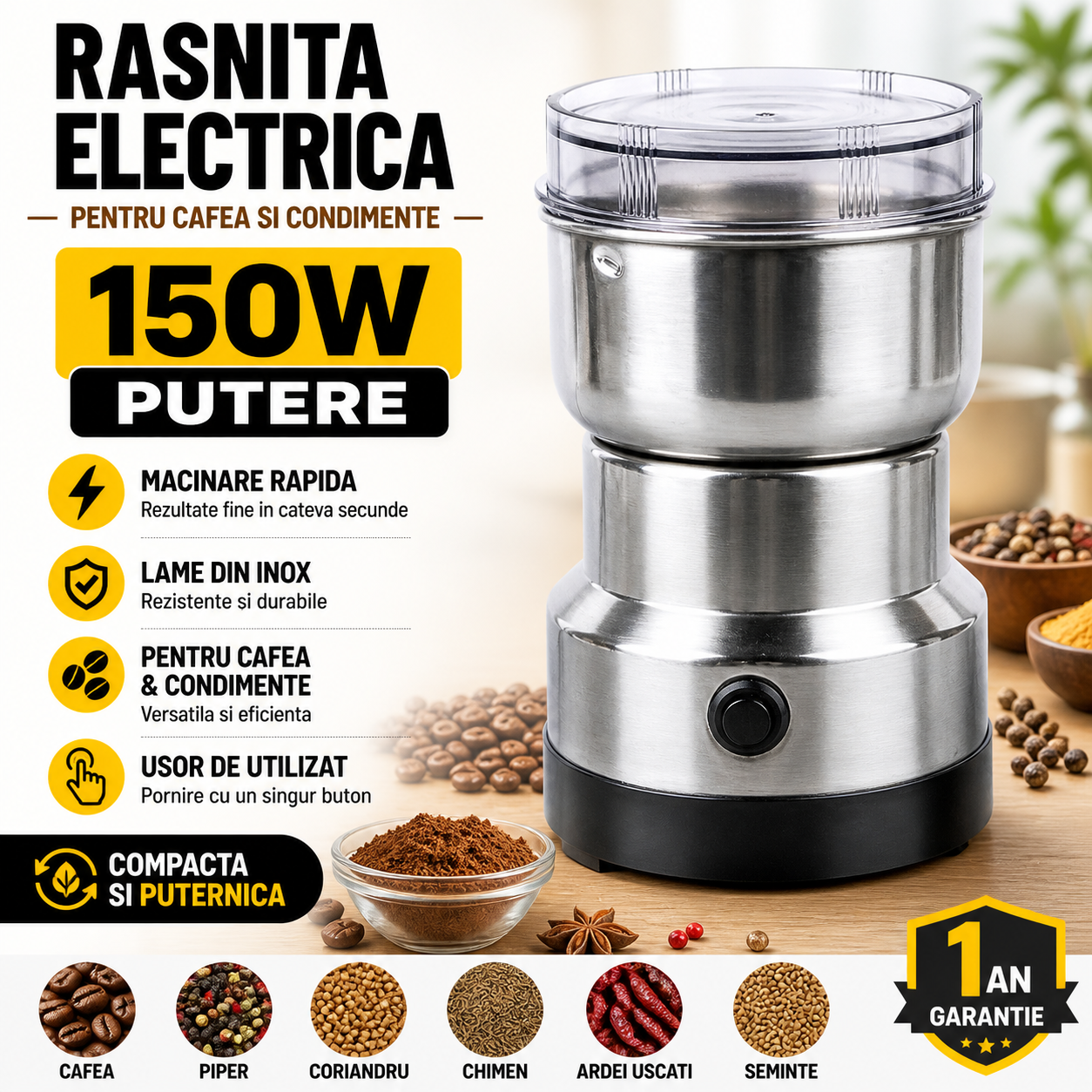 Rasnita Electrica Multifunctionala pentru Cafea si Condimente 150W – Macinare Rapida, Design Compact, Ideala pentru Bucatarie