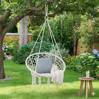 Scaun Suspendat Rotund Tip Hamac 80 cm cu Franjuri – Ideal pentru Balcon, Gradina, Foisor si Zona de Relaxare