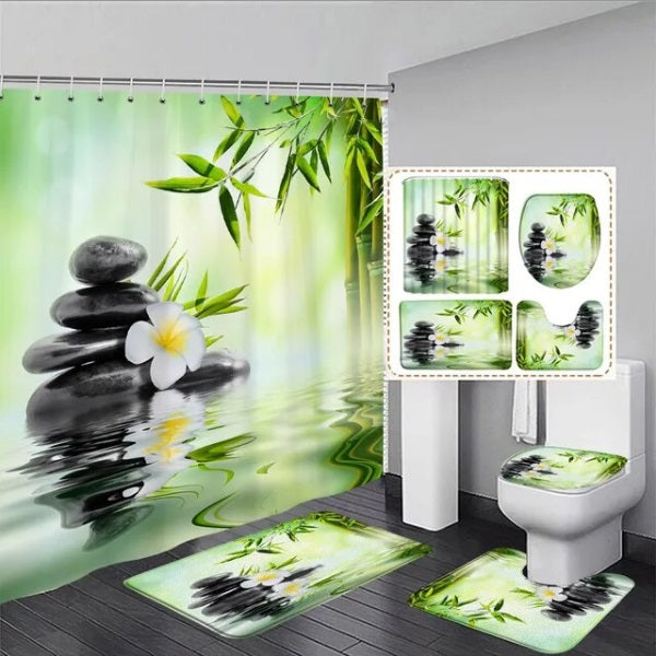 Set Pentru Baie Premium cu 4 Piese: Perdea, Covorase Si Husa De Toaleta - Zen Relax
