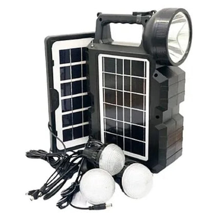 Kit Panou Solar Portabil CL-810 cu 3 Becuri LED, Acumulator Incorporat, Lampa Frontala Puternica, Sistem Iluminat Camping si Urgenta