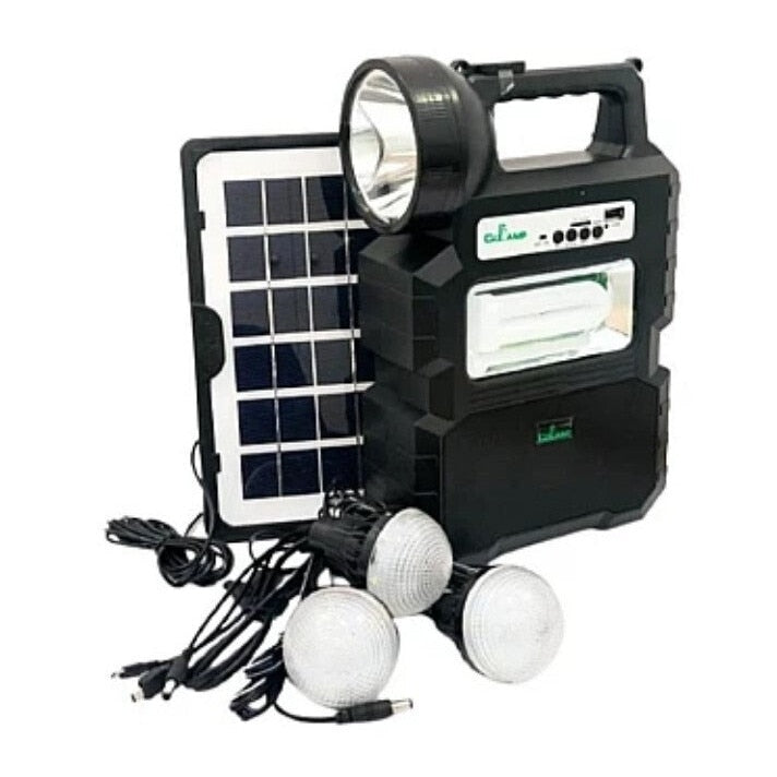 Kit Panou Solar Portabil CL-810 cu 3 Becuri LED, Acumulator Incorporat, Lampa Frontala Puternica, Sistem Iluminat Camping si Urgenta