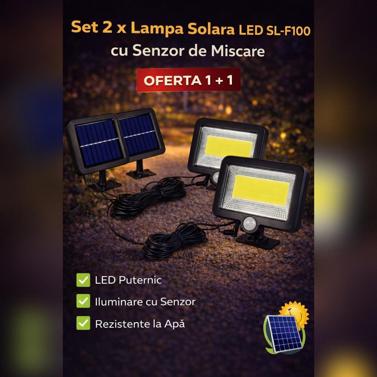 Set 2 x Proiector Solar LED SL-F100 cu Senzor de Miscare, Panou Solar Extern, Lumina Puternica COB