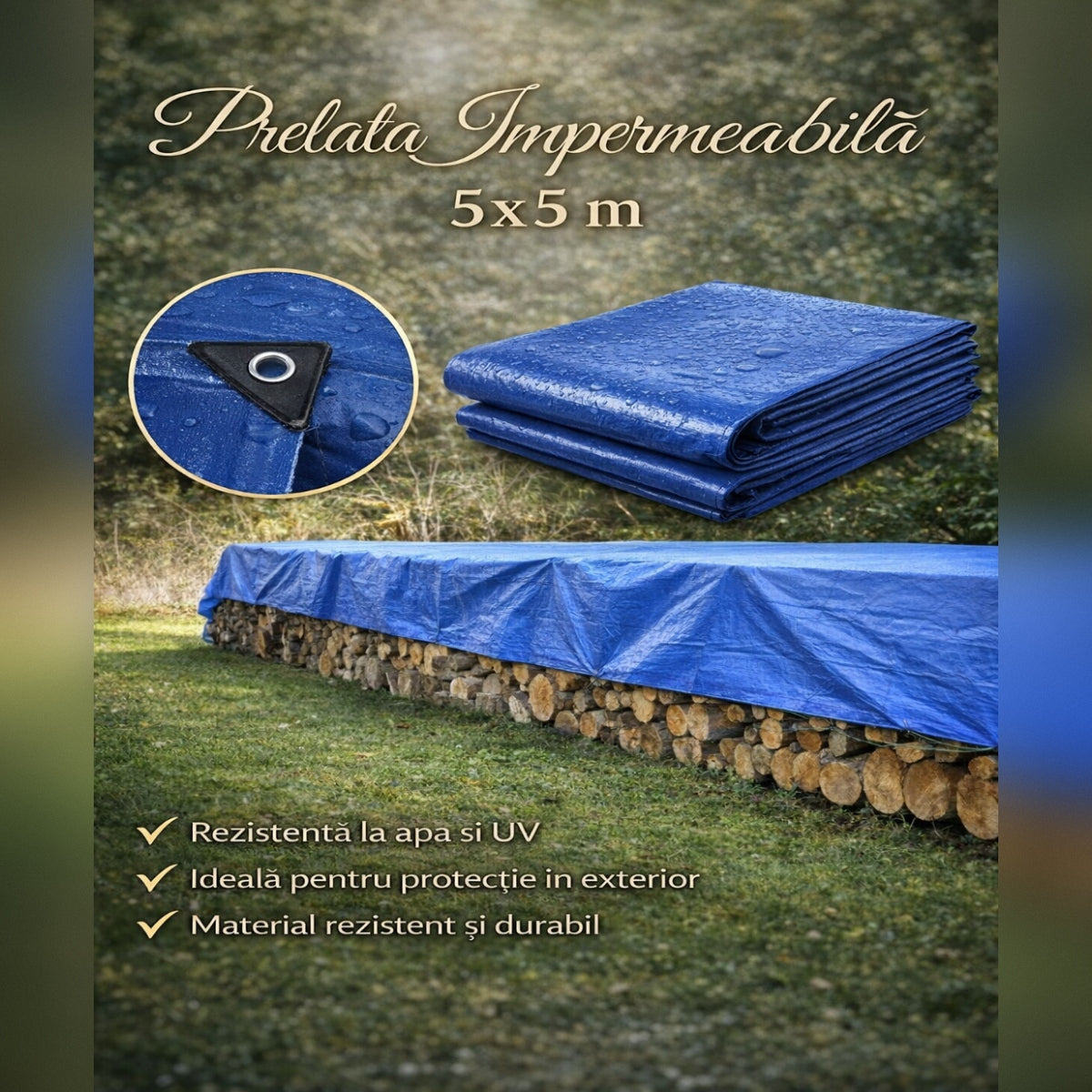 Prelata Impermeabila 5x5 m, Rezistenta la Apa si UV, Prelata Protectie Exterior pentru Lemne, Acoperis, Gradina