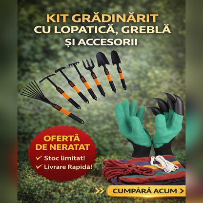 Set Unelte Gradina 7 Piese cu Manusi pentru Plantare – Kit Gradinarit cu Lopatica, Grebla si Accesorii