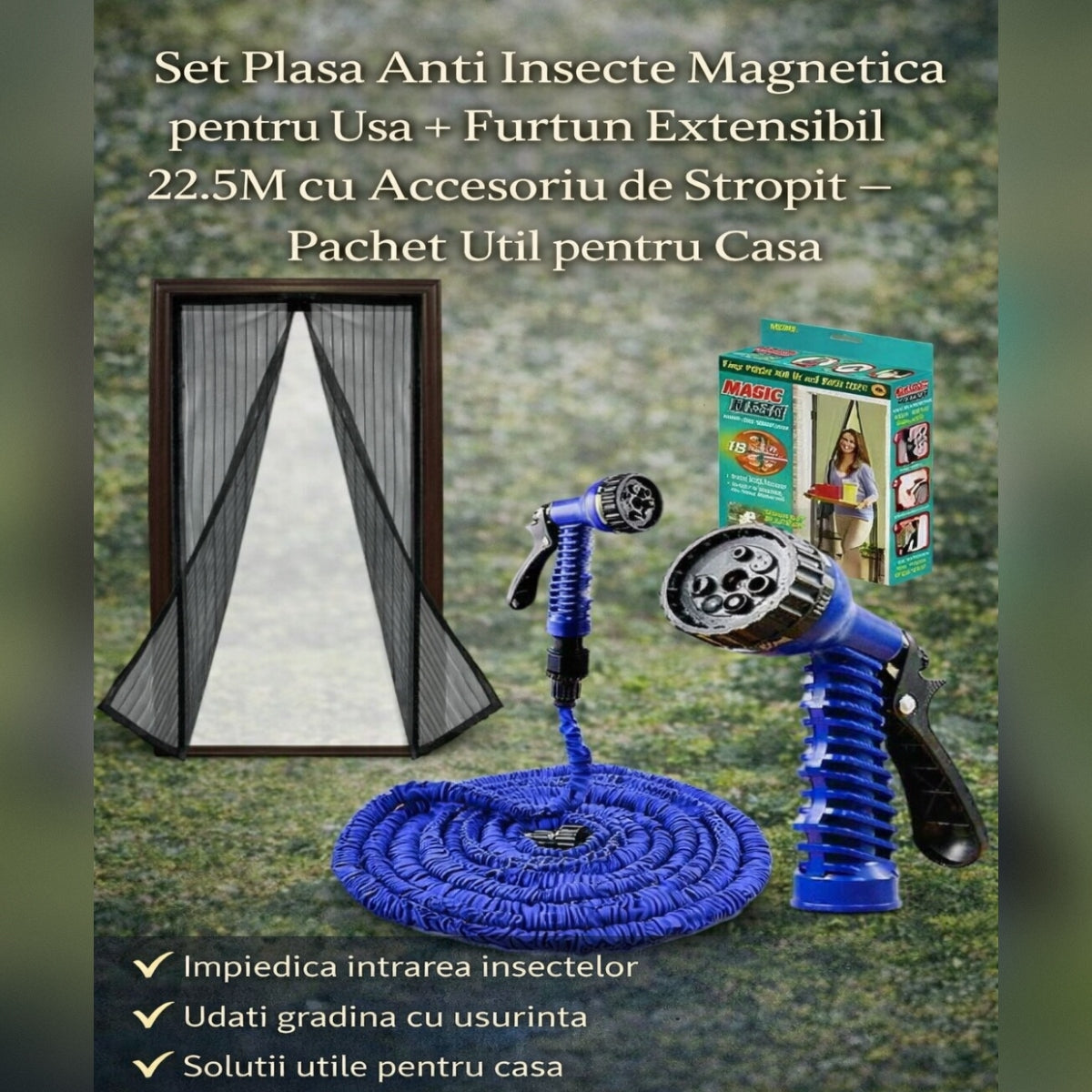 Set Plasa Anti Insecte Magnetica pentru Usa + Furtun Extensibil 22.5M cu Accesoriu de Stropit – Pachet Util pentru Casa si Gradina