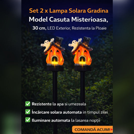 Set 2 x Lampa Solara Gradina Model Casuta Misterioasa, 30 cm, LED Exterior, Rezistenta la Ploaie
