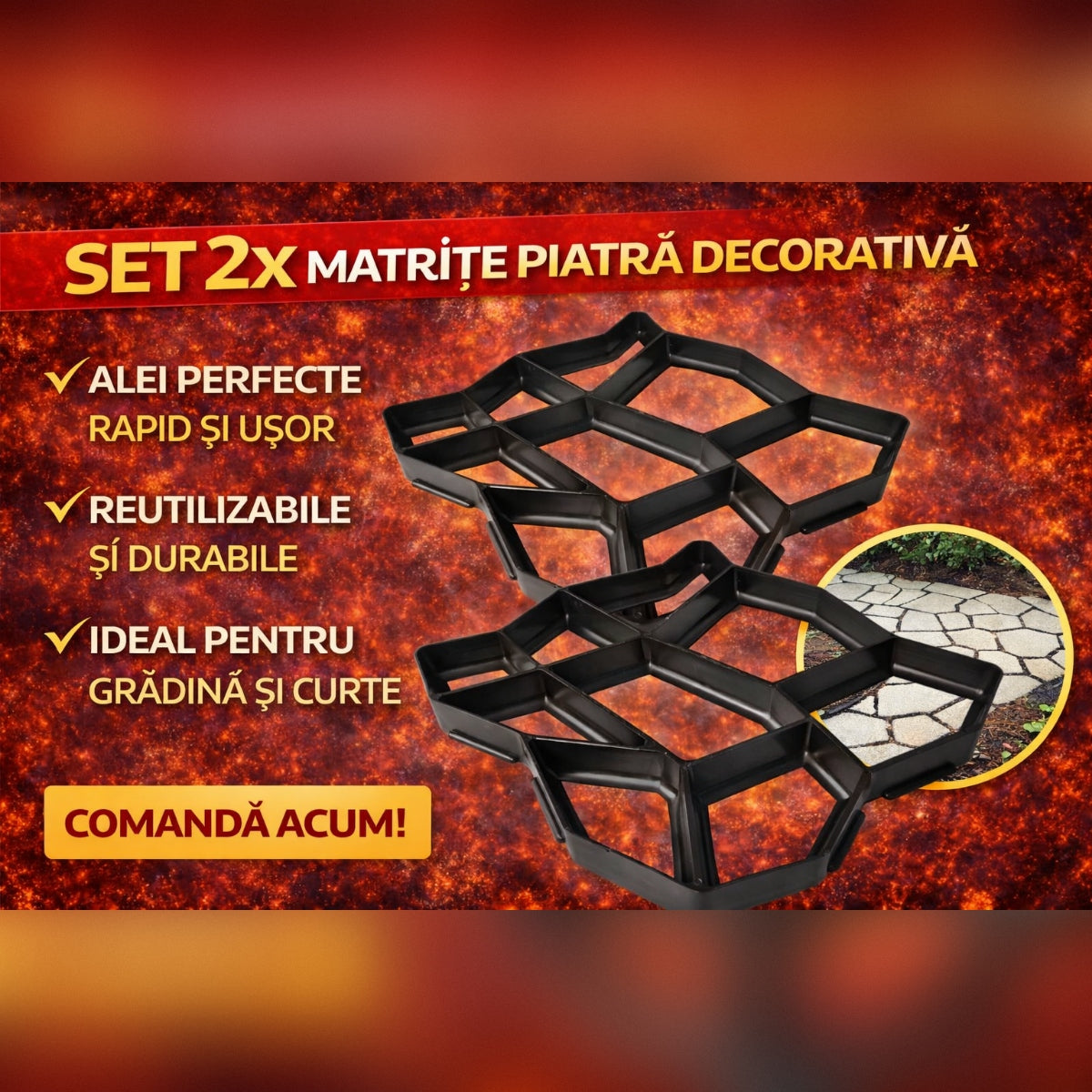Set 2 x Sablon pentru Pavaj Gradina – Matrita Reutilizabila pentru Turnat Alea si Imitatie Piatra Naturala