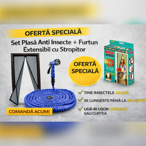Set Plasa Anti Insecte Magnetica pentru Usa + Furtun Extensibil 45M cu Accesoriu de Stropit – Pachet Util pentru Casa si Gradina