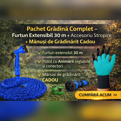 Pachet Gradina Complet – Furtun Extensibil 30 m + Accesoriu Stropire + Manusi de Gradinarit Cadou