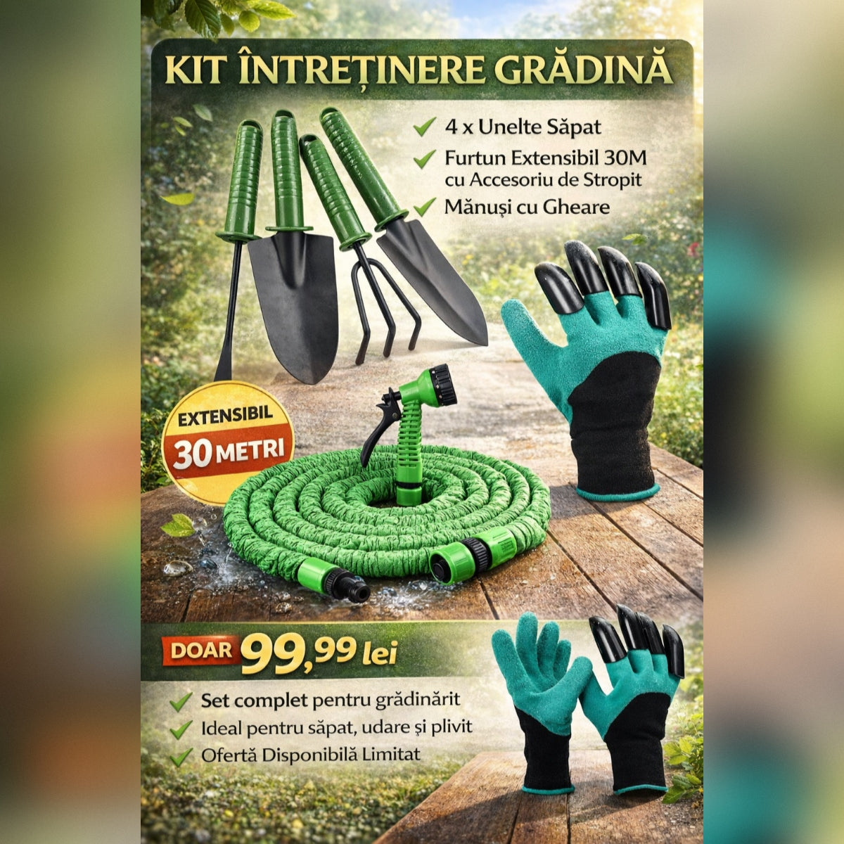 Kit Intretinere Gradina – 4 x Unelte Sapat, Furtun Extensibil 30M cu Accesoriu de Stropit si Manusi cu Gheare