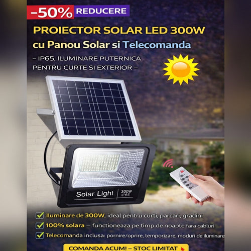 Proiector Solar LED 300W SMD cu Panou Solar si Telecomanda – IP65, Iluminare Puternica pentru Curte si Exterior