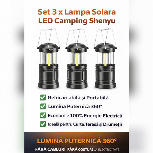 Set 3 x Lampa Solara LED Camping Shenyu, Reincarcabila, Portabila, Lumina Puternica 360°