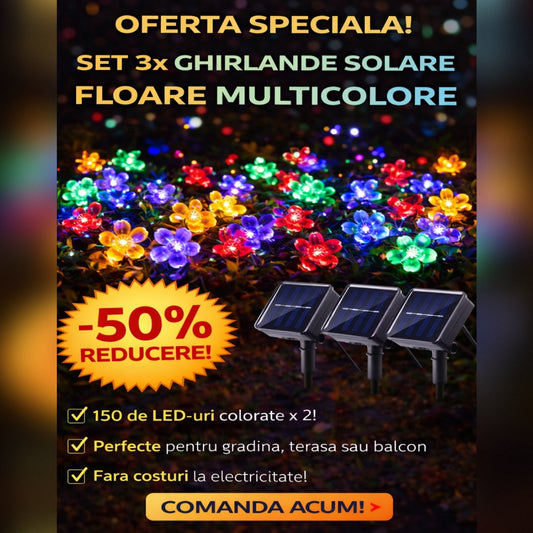 Set 3 x Ghirlanda Solara 50 LED Flori Multicolor 5m – Decoratiune Luminoasa Exterior, 8 Moduri Iluminare, Rezistenta la Apa IP65