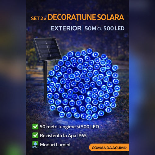 Set 2 x Decoratiune Solara Exterior 50m cu 500 LED Albastru – Ghirlanda Luminoasa pentru Gradina, Terasa, Curte, IP65
