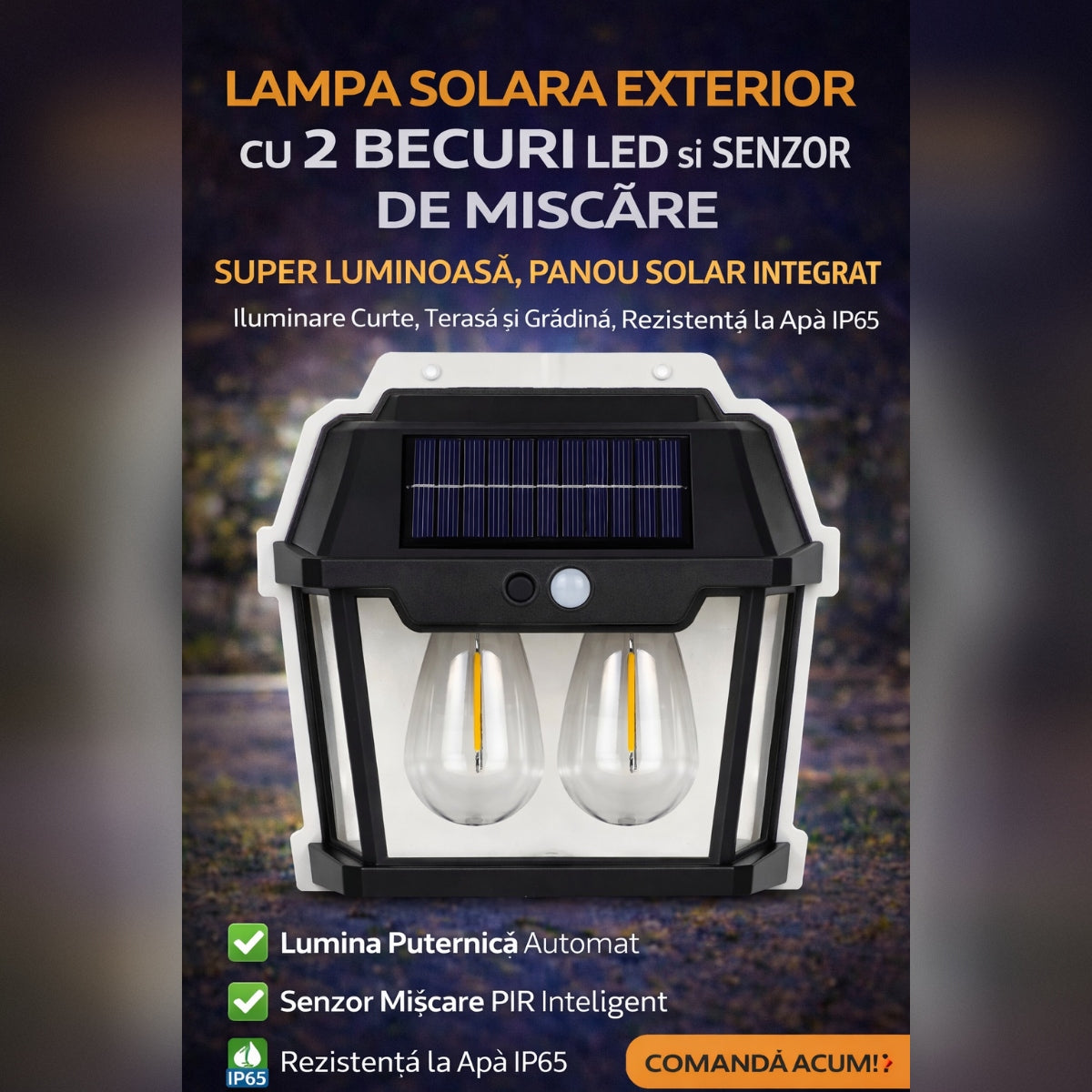 Lampa Solara Exterior cu 2 Becuri LED si Senzor de Miscare - Super Luminoasa, Rezistenta la Apa IP65