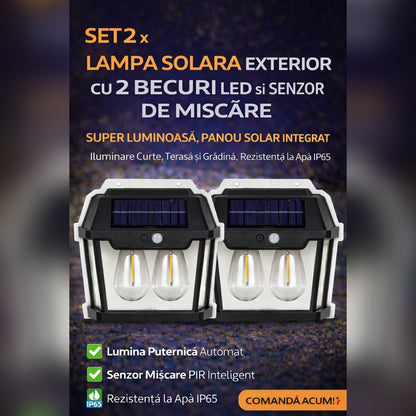 Set 2 x Lampa Solara Exterior cu 2 Becuri LED si Senzor de Miscare - Super Luminoasa, Rezistenta la Apa IP65
