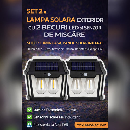 Set 2 x Lampa Solara Exterior cu 2 Becuri LED si Senzor de Miscare - Super Luminoasa, Rezistenta la Apa IP65