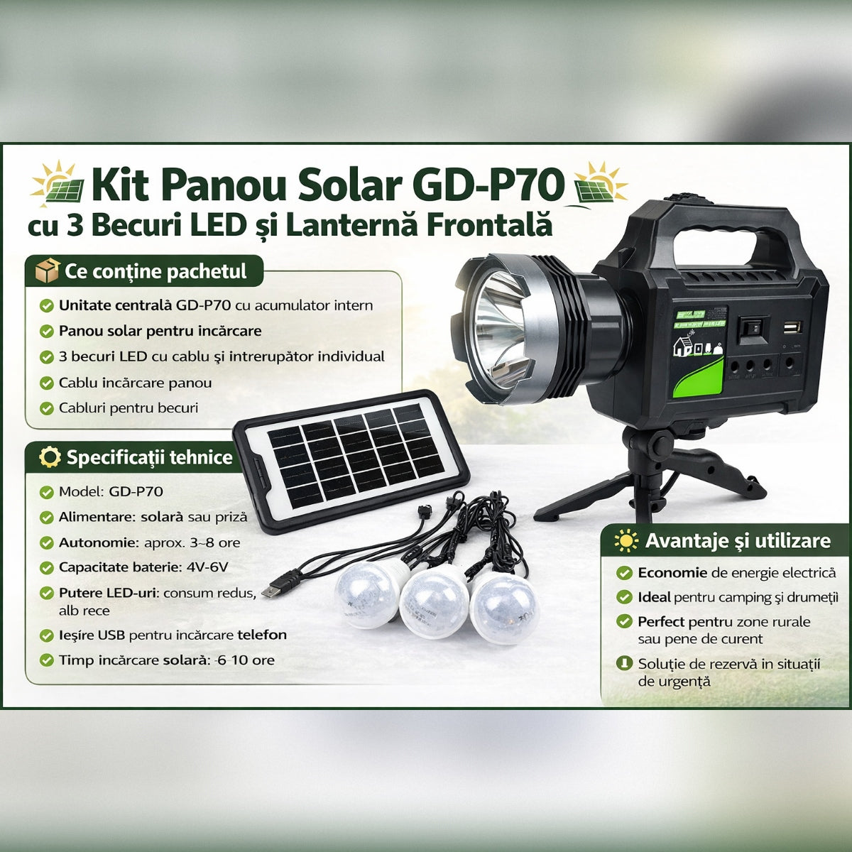 Kit Panou Solar GD-P70 cu 3 Becuri LED, Lanterna și incarcare Telefon