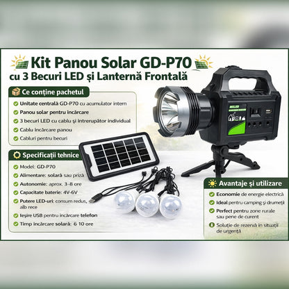 Kit Panou Solar GD-P70 cu 3 Becuri LED, Lanterna și incarcare Telefon