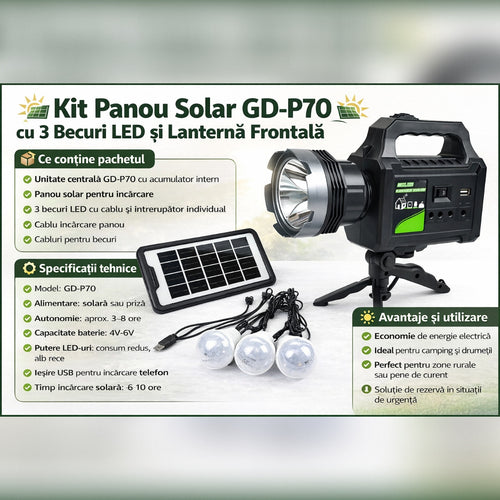 Kit Panou Solar GD-P70 cu 3 Becuri LED, Lanterna și incarcare Telefon