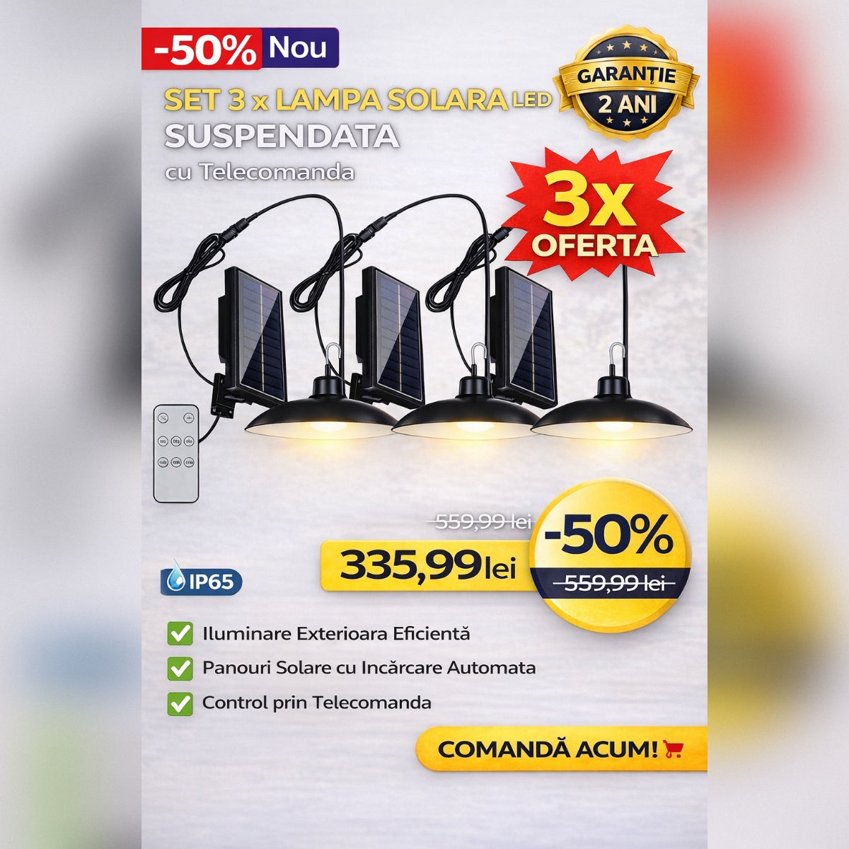 Set 3 x Lampa Solara LED Suspendata cu Telecomanda XF-707 – Panou Solar Extern, Iluminat Exterior Curte