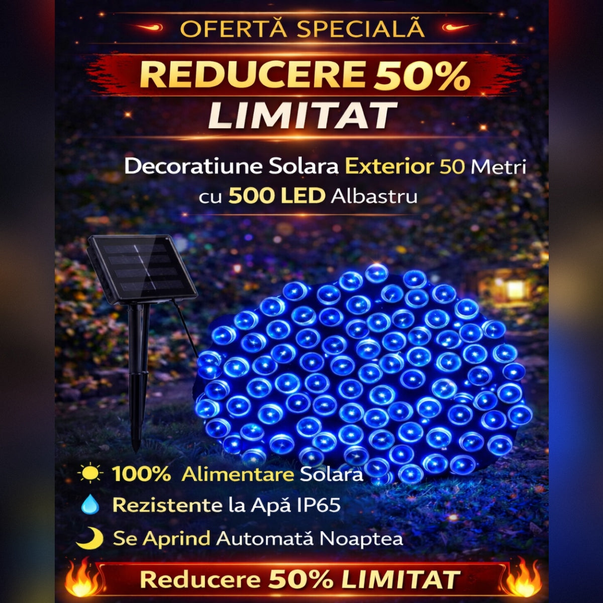 Decoratiune Solara Exterior 50m cu 500 LED Albastru – Ghirlanda Luminoasa pentru Gradina, Terasa, Curte, IP65