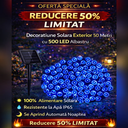 Decoratiune Solara Exterior 50m cu 500 LED Albastru – Ghirlanda Luminoasa pentru Gradina, Terasa, Curte, IP65