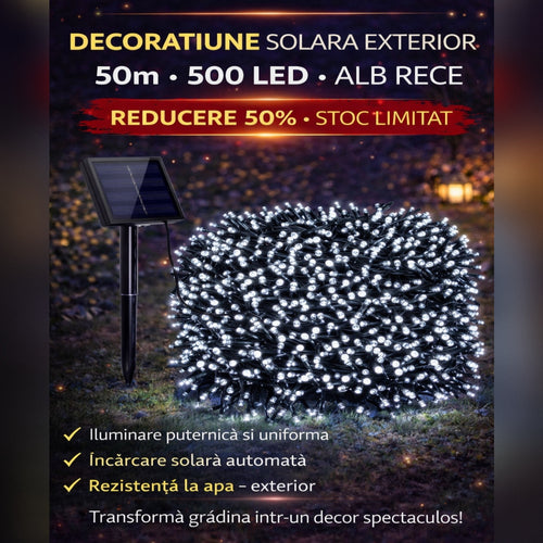 Decoratiune Solara Exterior 50m cu 500 LED Alb Rece – Ghirlanda Luminoasa pentru Gradina, Terasa, Curte, IP65