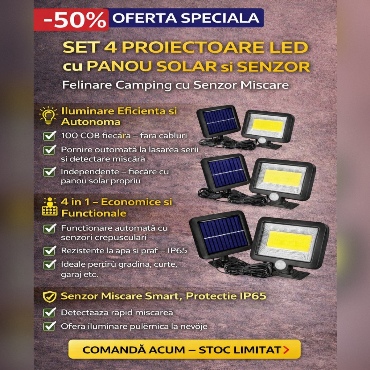 Set 4 x Lampa Solara LED SL-F100 cu Senzor de Miscare – Proiector Exterior cu Panou Solar, Iluminare Curte si Gradina