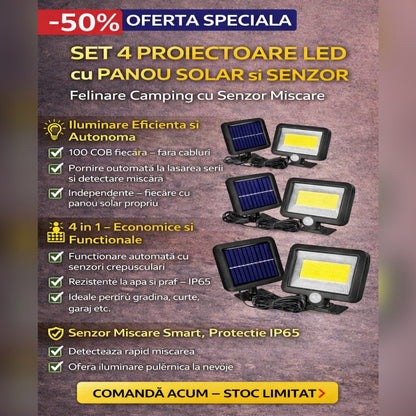 Set 4 x Lampa Solara LED SL-F100 cu Senzor de Miscare – Proiector Exterior cu Panou Solar, Iluminare Curte si Gradina