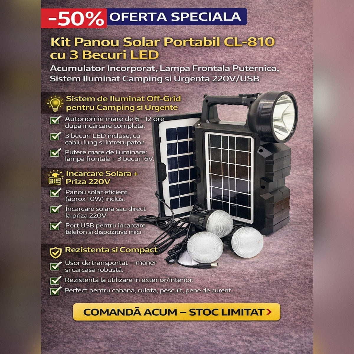 Kit Panou Solar Portabil CL-810 cu 3 Becuri LED, Acumulator Incorporat, Lampa Frontala Puternica, Sistem Iluminat Camping si Urgenta