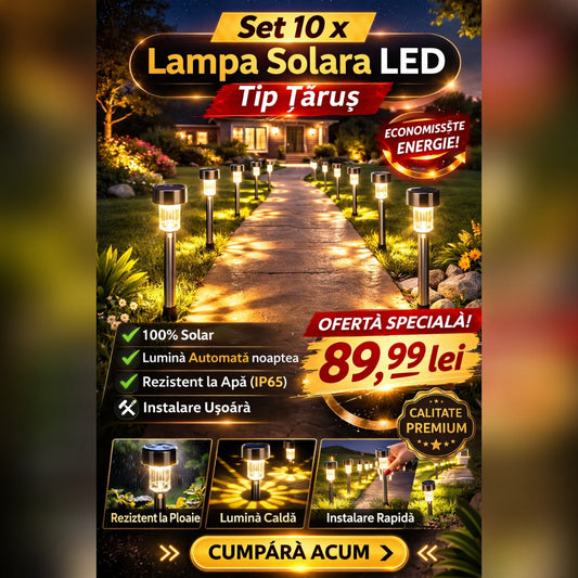 Set 10 x Lampa Solara LED Tip Tarus pentru Gradina, Iluminat Exterior, Curte Terasa, Lumina Automata Noaptea, Rezistente la Apa IP65
